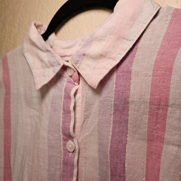 Beach Lunch Lounge Linen Blend Striped Button Down Beachy Shirt Large Preppy - Picture 3 of 11
